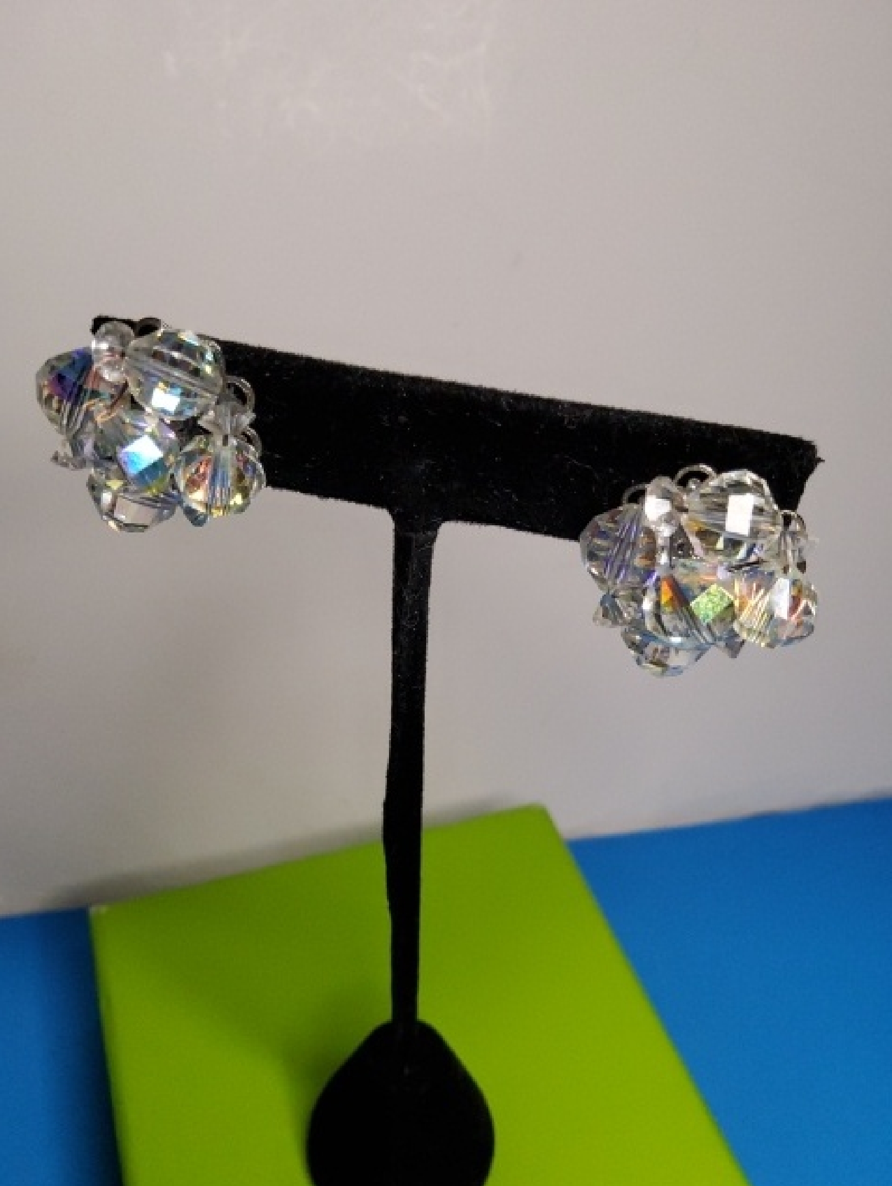 Laguna Austrian Crystal Aurora Borealis Clip-On Earrings.
